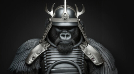 A powerful gorilla in samurai armor, strength and honor, standing proud in the dark, generative ai