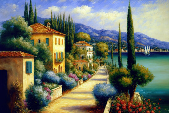 Italian landscape oil painting. Spring happy day in Italian town with old building and lake with dock and sailboats. Mountains on background. Flowers and blossom bushes foreground. Generative AI