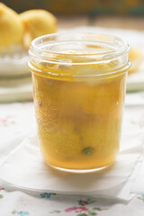 Preserved lemons with pink salt in jar 