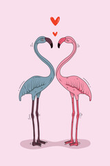 Fototapeta premium Beautiful pink and dark blue cute flamingo couple on pink background. Flamingo in love vector, illustration for t shirt design, valentine card. sticker, greeting card and POD.