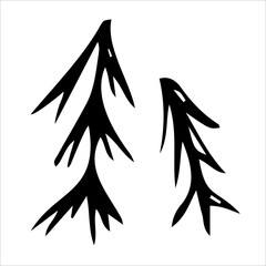 A set of coniferous trees hand-drawn. Spruce, pine. Vector hand-drawn doodles. Template design, clipart, logo, icon, sketch.