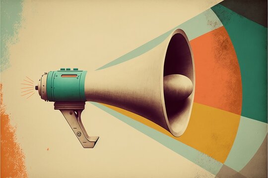colorful vintage megaphone collage. loudspeake. claim concept. generated with ai.