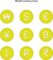 World currency icons. Money and currency symbol. pound, dollar, yuan, ruble, euro, indian rupee, korean won, currency sign,