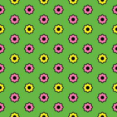 Seamless abstract floral pattern. Vector geometric ornament. Stylish background. Graphic design for flower composition decorations. Yellow and pink elements with black strokes on a green backdrop.