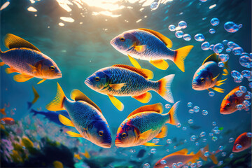 Naklejka premium Underwater wild world. Tropical fishes. Image created with Generative AI technology.