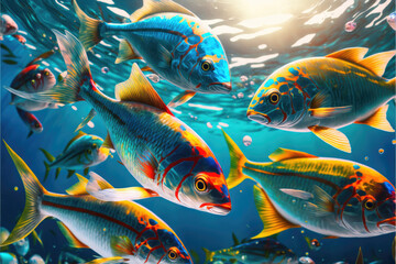 Plakat Underwater wild world. Tropical fishes. Image created with Generative AI technology.