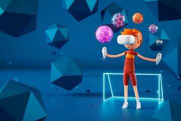3d boy cartoon character within football action and VR glasses metaverse. 3d illustration. ball object rendering. fitness exercise workout. copy space background. kick action. competition game