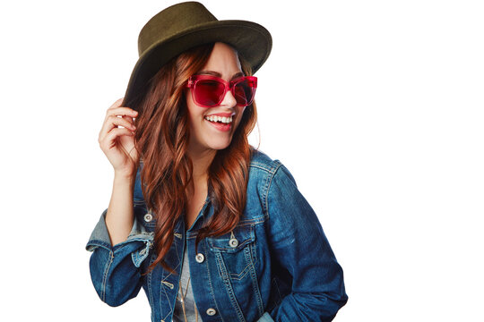 Excited, youth and trendy fashion model with gen z style and funky sunglasses with happy smile. Happiness, cool and young fashionista girl with shades on isolated studio white background.
