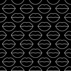 Monochrome simple background with lips. Seamless vector pattern with a white outline of elements on a black background. Fashion art for modern original designs, prints, textiles, fabrics, wallpapers.