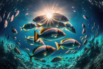 Fototapeta na wymiar Underwater wild world. Tropical fishes. Image created with Generative AI technology.