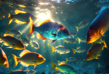 Underwater wild world. Tropical fishes. Image created with Generative AI technology.