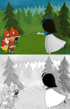 cartoon princess in forest near some dwarfs illustration