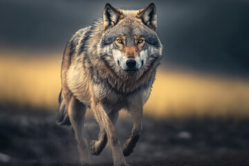 Fototapeta premium Grey wolf running, hunting and attacking, predator, Generative AI