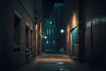 Abandoned alley with uncomplicated old brick buildings is illuminated by dim lantern - obrazy, fototapety, plakaty
