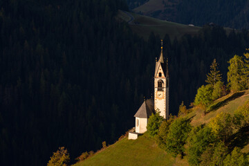 Beautiful landscape of church in Dolomites mountains