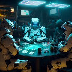 Futuristic robots playing poker in space under blue lights, digital art style, generative ai