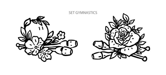 Hand drawn collection of sports equipment, Gymnastic clubs and flowers.