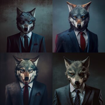 A photo of a wolf wearing a suit, sometimes portrayed as a bad politician, generative ai