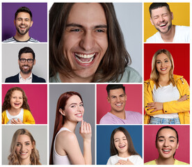 Fototapeta na wymiar Collage with portraits of happy people on different color backgrounds