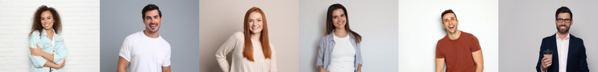 Obraz premium Collage with portraits of happy people on different color backgrounds