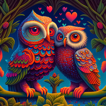 Naklejka Colourful ilustration with an owl couple in love. Generative AI-assisted digital illustration for a cool card, sticker or wall art