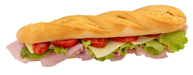 Mini baguette with tomato, salad, cheese and ham , club sandwich  cut out on transparent