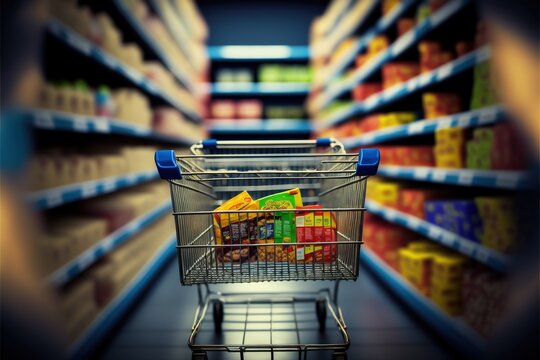  a shopping cart in a grocery store aisle with a full aisle in the background and a blurry image of a grocery cart in the foreground with a variety of food in the aisle., generative ai