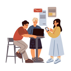 Business team working together in the office. People online with computers, phones. Characters read messages, information. Men, women during chat, internet communication. Flat graphic vector illustrat