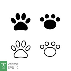 Paw print icon set. Simple solid and outline style. Footprint, black silhouette, dog, cat, pet, puppy, animal foot concept. Glyph and line vector illustration isolated on white background. EPS 10.