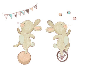 Circus bunny on the ball and wheel illustration - cute rabbits for nursery decor, baby shower on white background and isolated