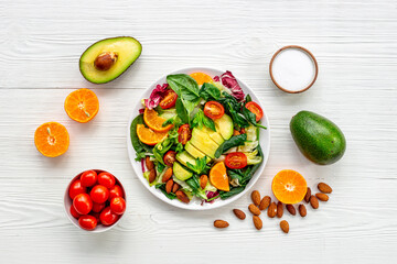 Healthy vegetarian bowl - green salad with avocado and tomatoes