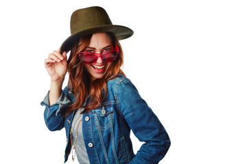 Fototapeta premium Happy woman, portrait or fashion denim jacket with sunglasses or hat on isolated white background or mockup. Smile, gen z and model with cool, trendy style or brand clothes ideas on mock up backdrop