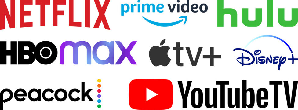 Netflix Streaming service logo set. Amazon Prime Video, Hulu, HBO Max, Disney, Apple TV, Peacock, YouTube icons. Vector editorial illustration