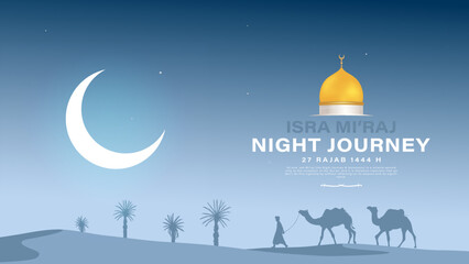 Obraz na płótnie Canvas Isra Miraj background design. Night journey Prophet Muhammad from Al Aqsa mosque to Mecca concept