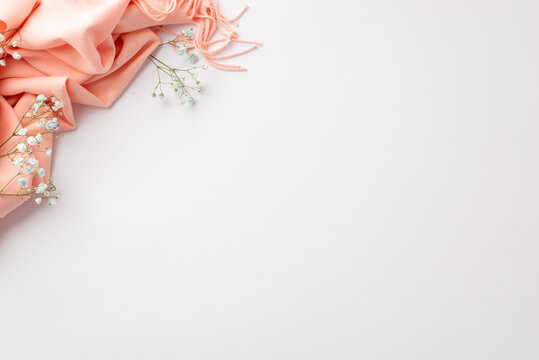 Hello spring concept. Top view photo of pink plaid and gypsophila flowers on isolated white background with copyspace