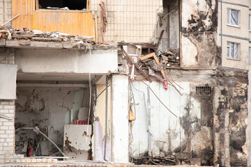 A house blown up by a Russian rocket in the city of Dnipro on Pobeda Street in Ukraine, War in...
