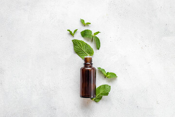 Bottle of essential peppermint oil with fresh green mint leaves © 9dreamstudio