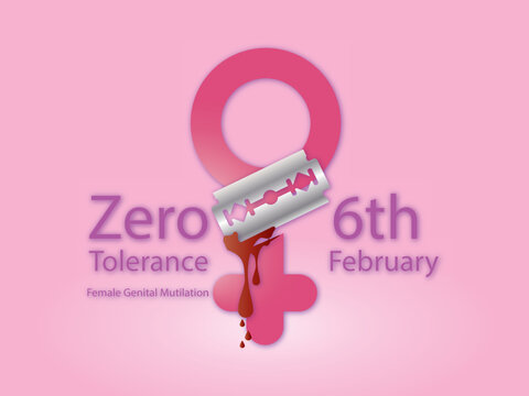 World Day of Zero Tolerance to Female Genital Mutilation,Female sex symbol with blade cutting it and blood on it with pink background.