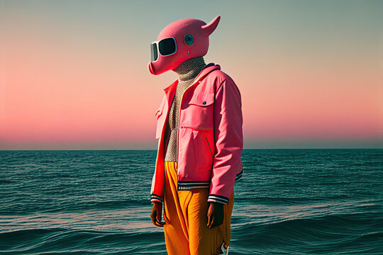 Young African American man wearing a pink surreal mask, in front of the sea. Surreal image. Generative image. 