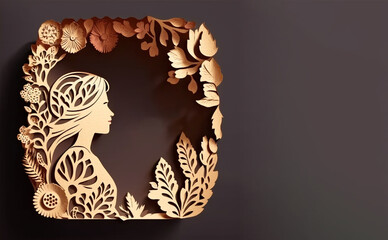 Women's Day flyer with woman silhouette and floral ornaments in paper cut banner, Generative AI
