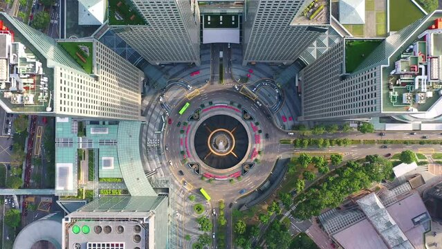Top view of the Singapore landmark financial business district with skyscraper. Fountain of Wealth at Suntec city in Singapore