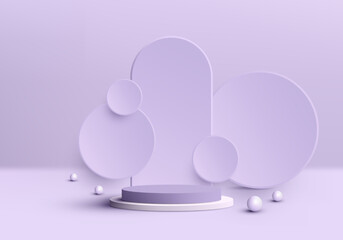 3D realistic empty purple and white cylinder level podium pedestal on purple background