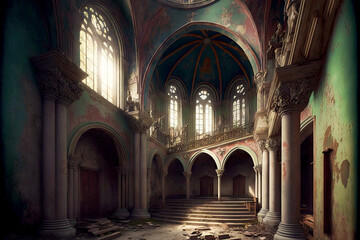 Once resplendent ornamentation of abandoned church was destroyed and left to crumble.