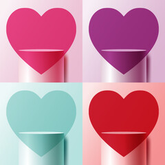 Happy valentine's day set of 3D realistic white podium stand with pink, purple, blue, red heart shape symbol background