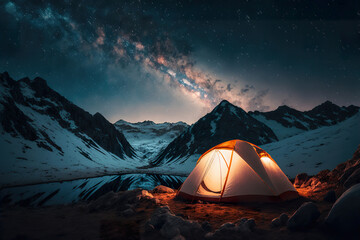 Camping in the Mountains - Tent Pitched Under the Stars and the Milky Way. Generative AI