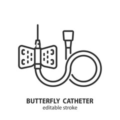 Butterfly catheter line icon. Injection device vector sign. Editable stroke. - obrazy, fototapety, plakaty