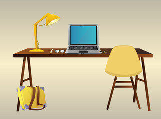 Office Table, Laptop, Table Lamp, Work place