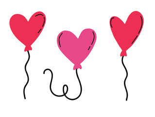 Fototapeta na wymiar Cute colorful heart shaped balloons in doodle style.