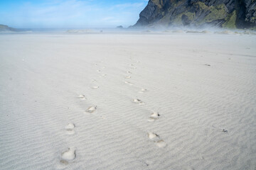 Human footprints on the Bunes beach in Lofoten, Norway, during a windy day with sand, in spring on a clear sunny day with some clouds