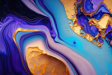 Luxurious fluid art in gold, blue and purple paint. Divorces and waves, mixing colors. Abstract liquid fluid art background.